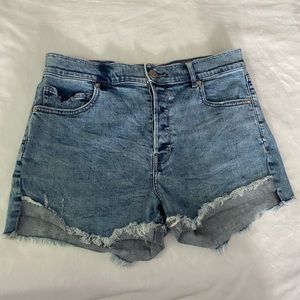 Express high rise shortie distressed denim shorts with button fly
